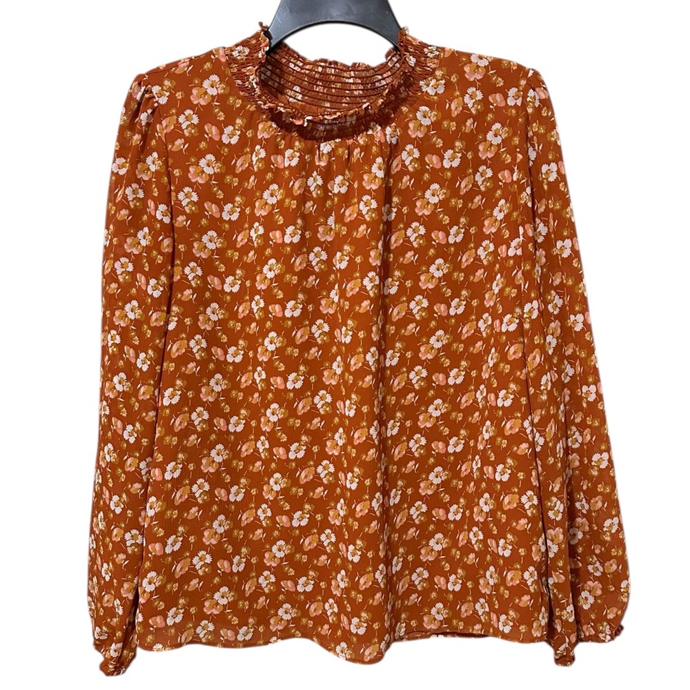 J. CREW burnt orange/rust floral smocked neck top blouse size Medium